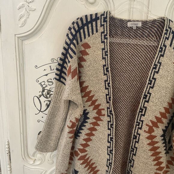 Oceanus Tribal Fringe Cardigan Sweater Women's Large Open Front Boho Aztec Knit - Picture 6 of 13